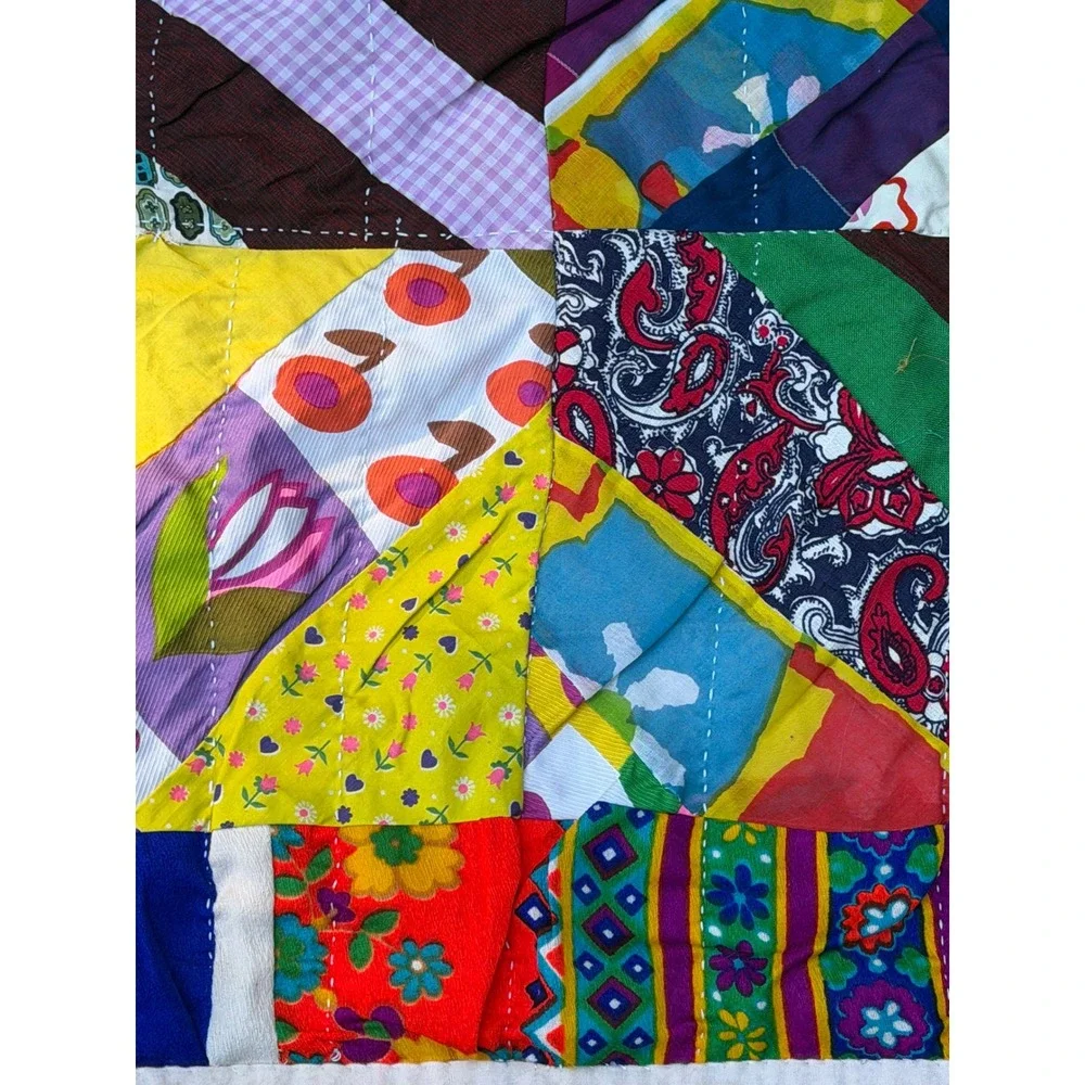 Vintage Handmade Crazy Quilt Patchwork Multi Color Mixed Pattern Folk Art Throw